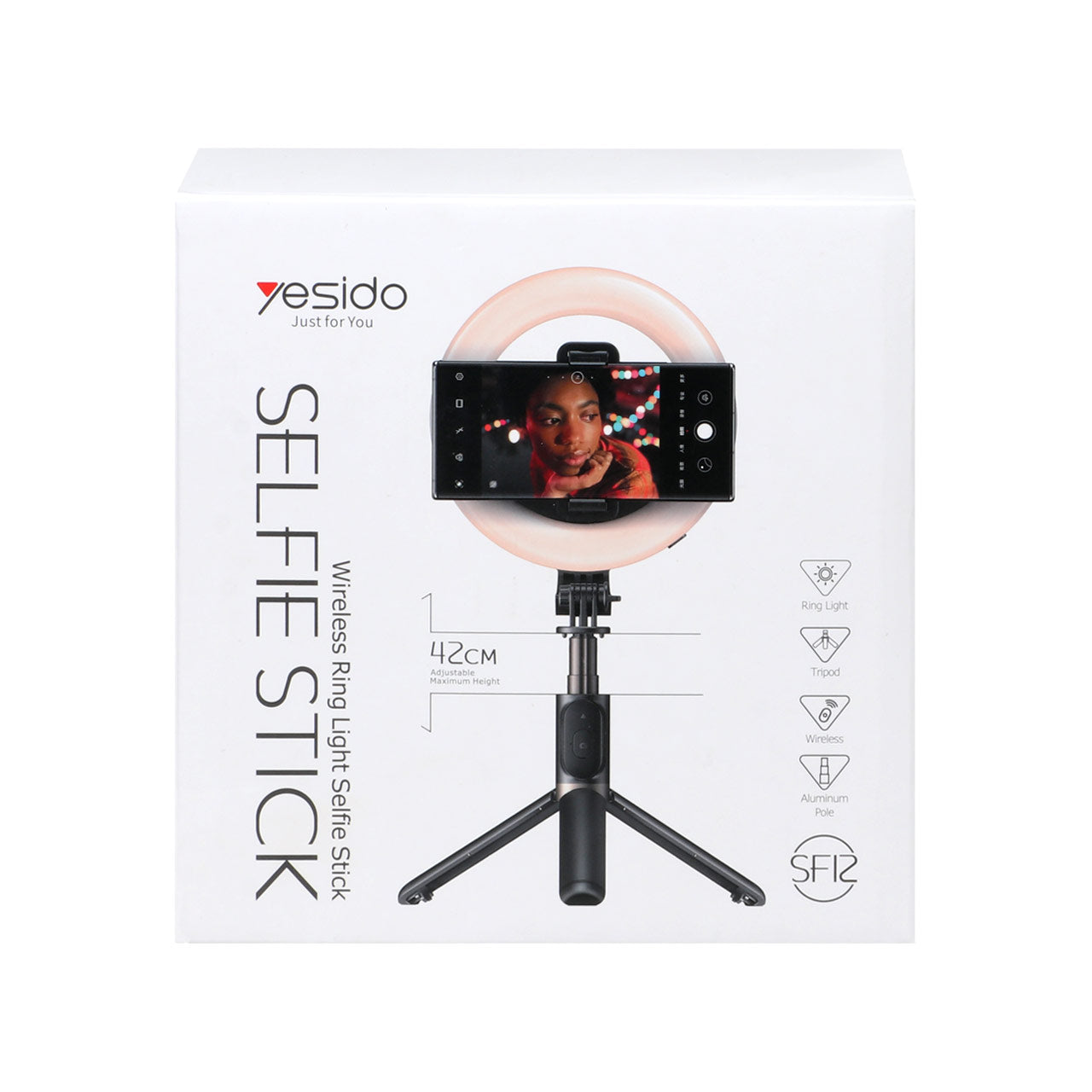 YESIDO SF12 Portable Bluetooth Remote Control Telescopic Phone Holder Tripod Selfie Stick with Ring Fill Light