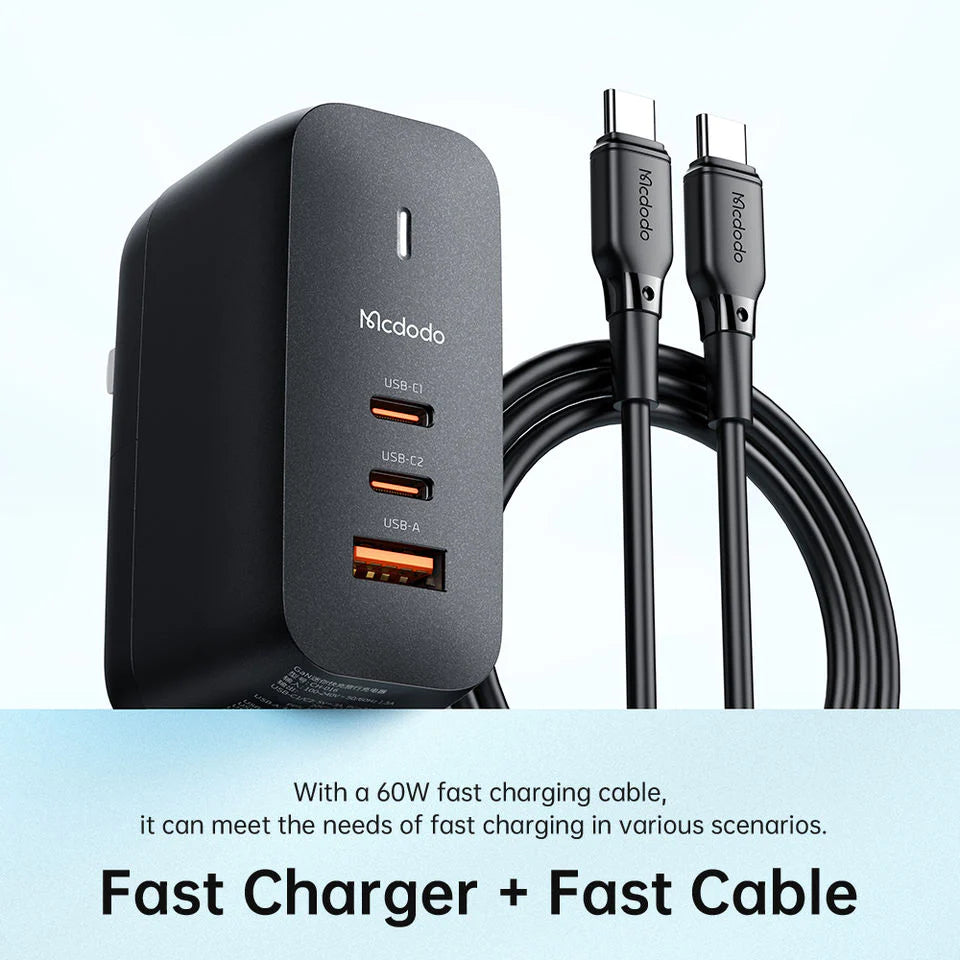 Mcdodo Convertible 65W GaN Dual Type-C + USB Fast Charger (US/ EU/ UK) With 2FT 60W Type-C To Type-C Data Charger Cable Set.