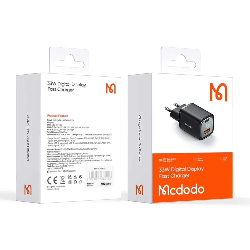 Mcdodo Digital Display PD+QC Dual Port 33W Fast Charger