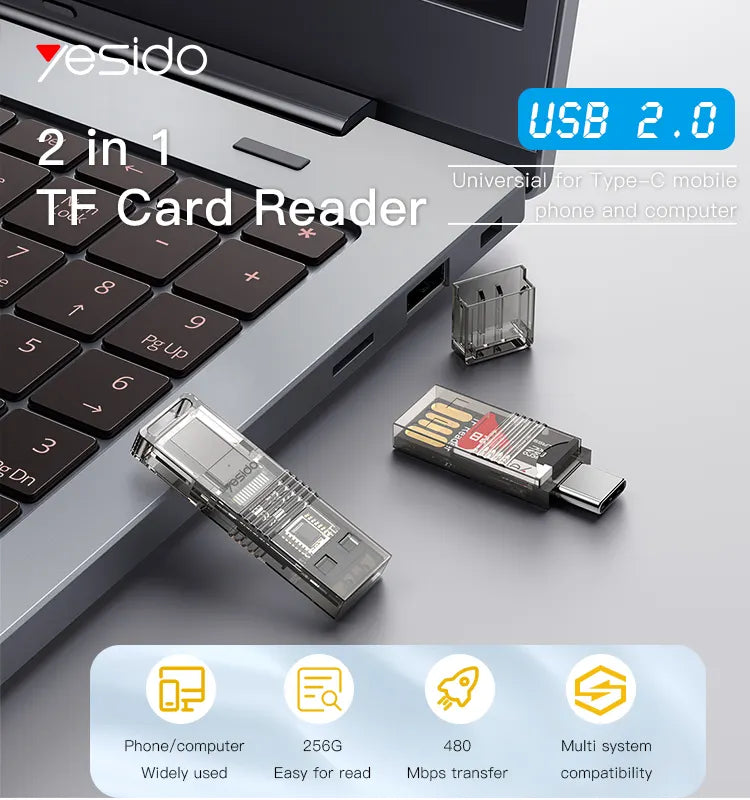 YESIDO 2 In 1 Multi Function USB 3.0 Type-C to USB and TF card OTG card Reader adapter