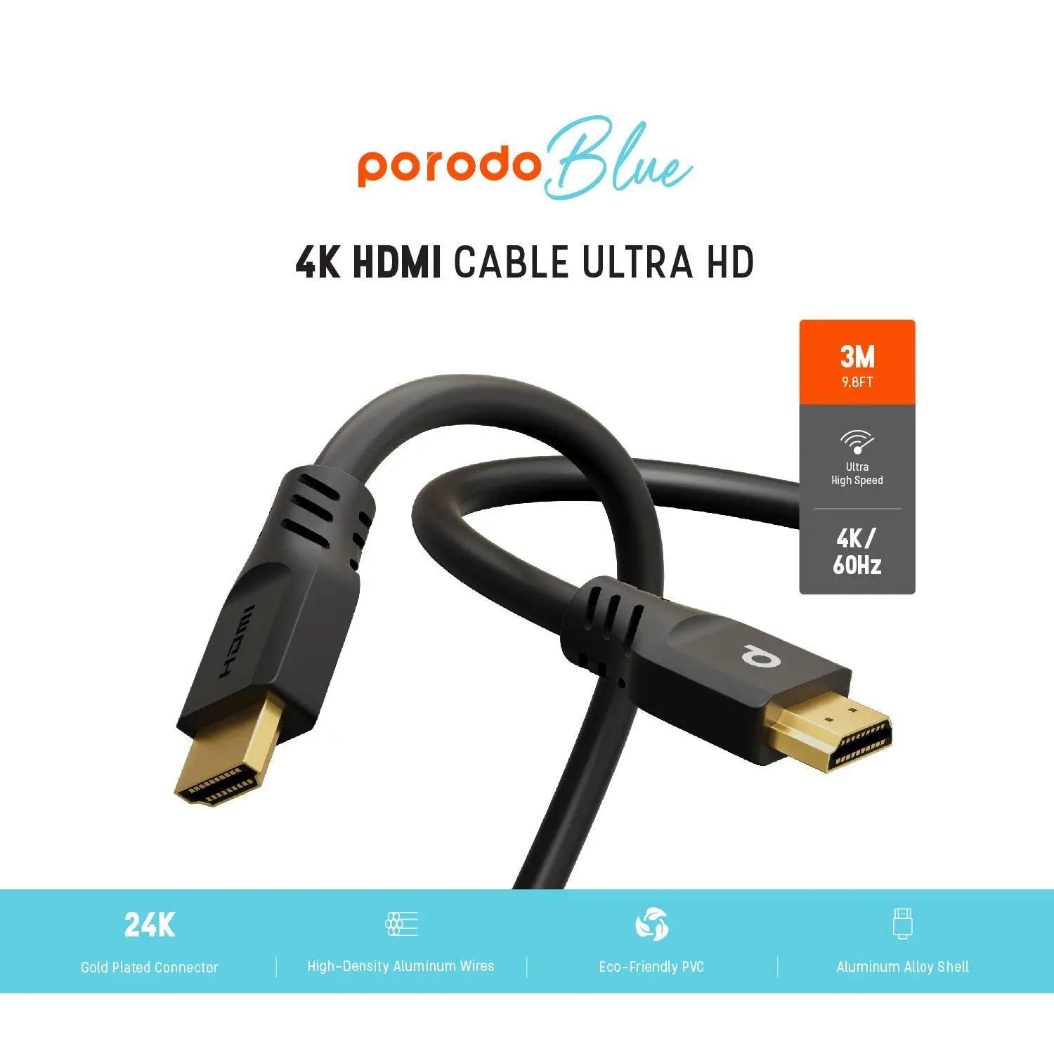 Porodo 4K HDMI Ultra HD Cable 60Hz 2m / 6.6ft - Black